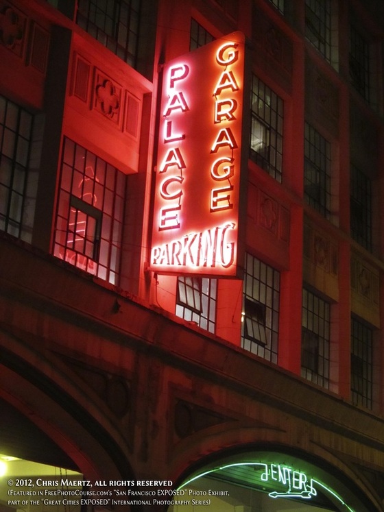 Picture of the Palace Hotel parking garage entrance on Stevenson Street, San Francisco.  A beautiful artistic image by Chris Maertz; part of the online photography exhibit, 
